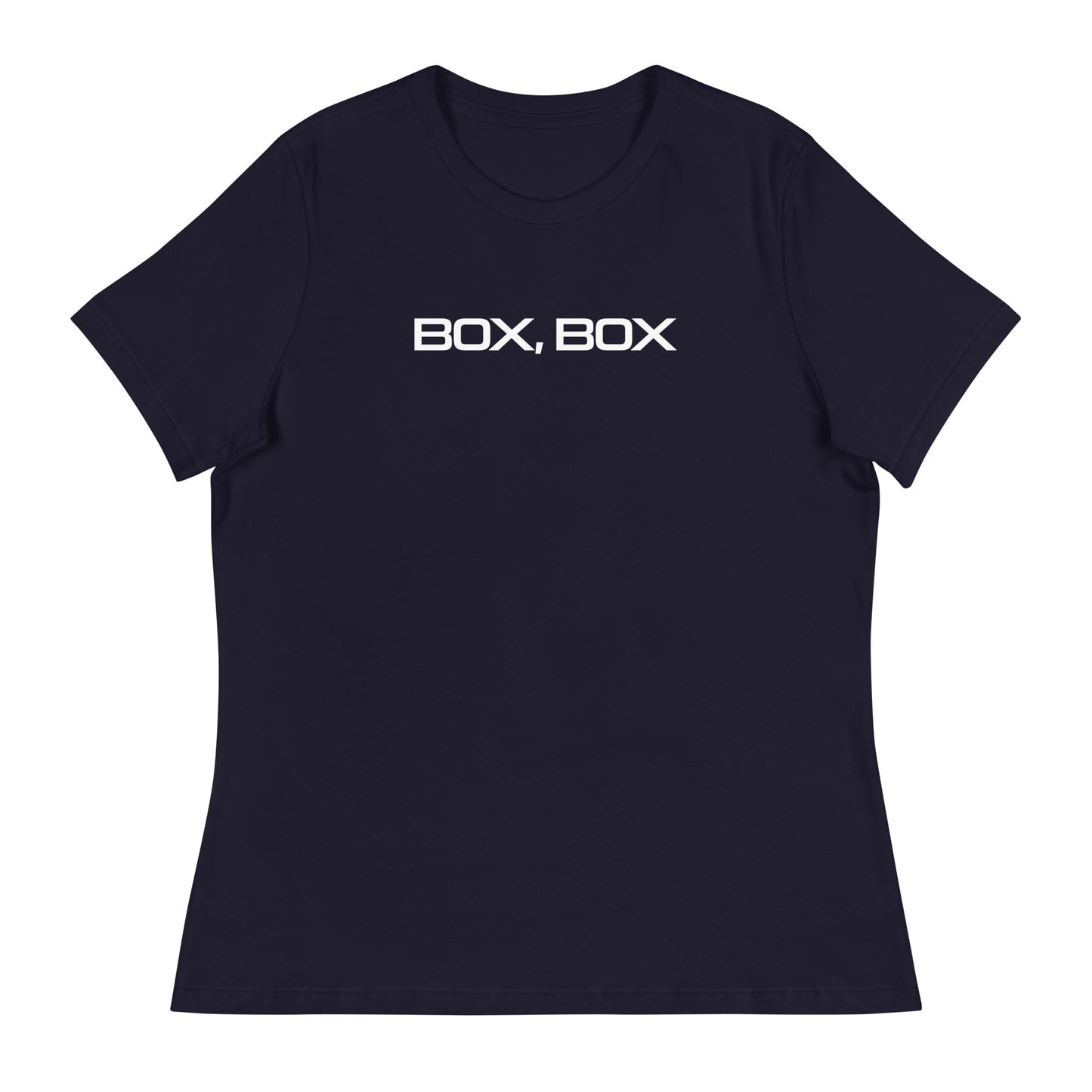 Box Box Text F1 Racing Women's Relaxed T-Shirt in Navy Blue