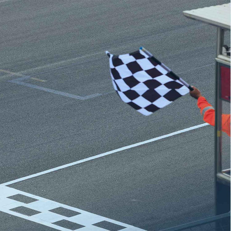 Checkered flag at the finish line to promote Goober & Doofus's F1 Podium Series t-shirts