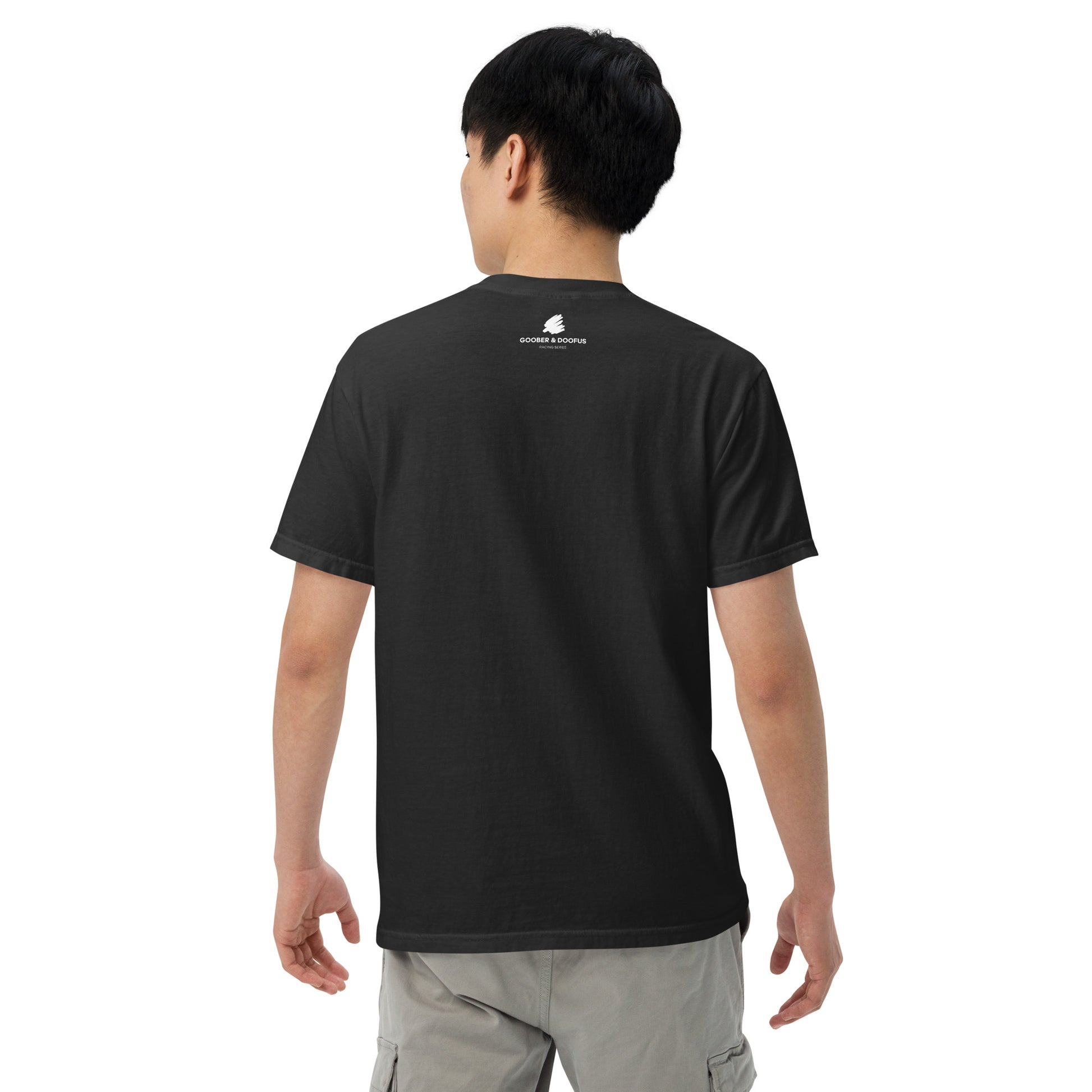 Lance Stroll #18 F1 Driver Unisex T-Shirt in Black - Male Model Back View