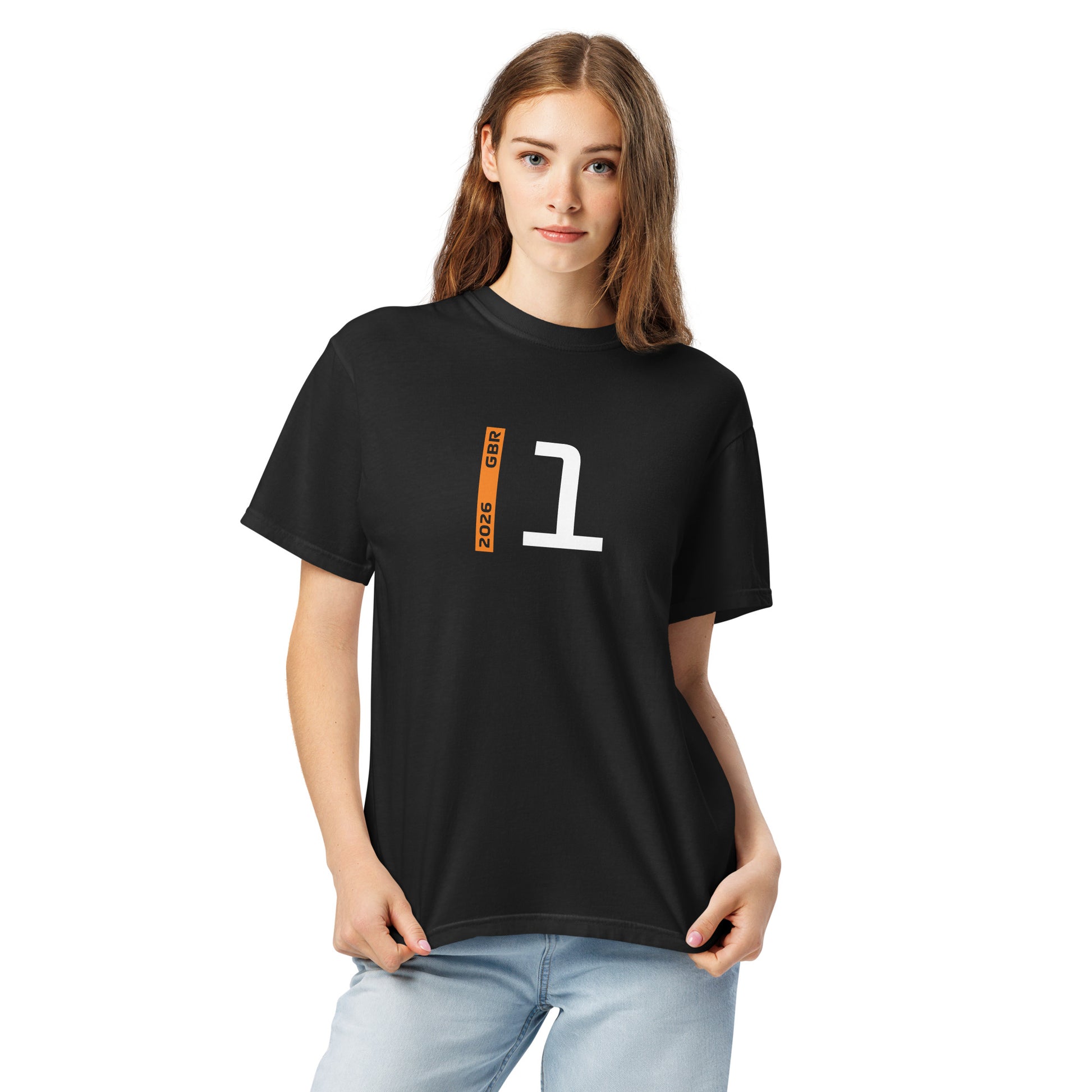 Lando Norris #1 F1 Driver Unisex T-Shirt in Black - Female Model Front View