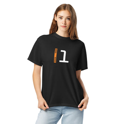Lando Norris #1 F1 Driver Unisex T-Shirt in Black - Female Model Front View