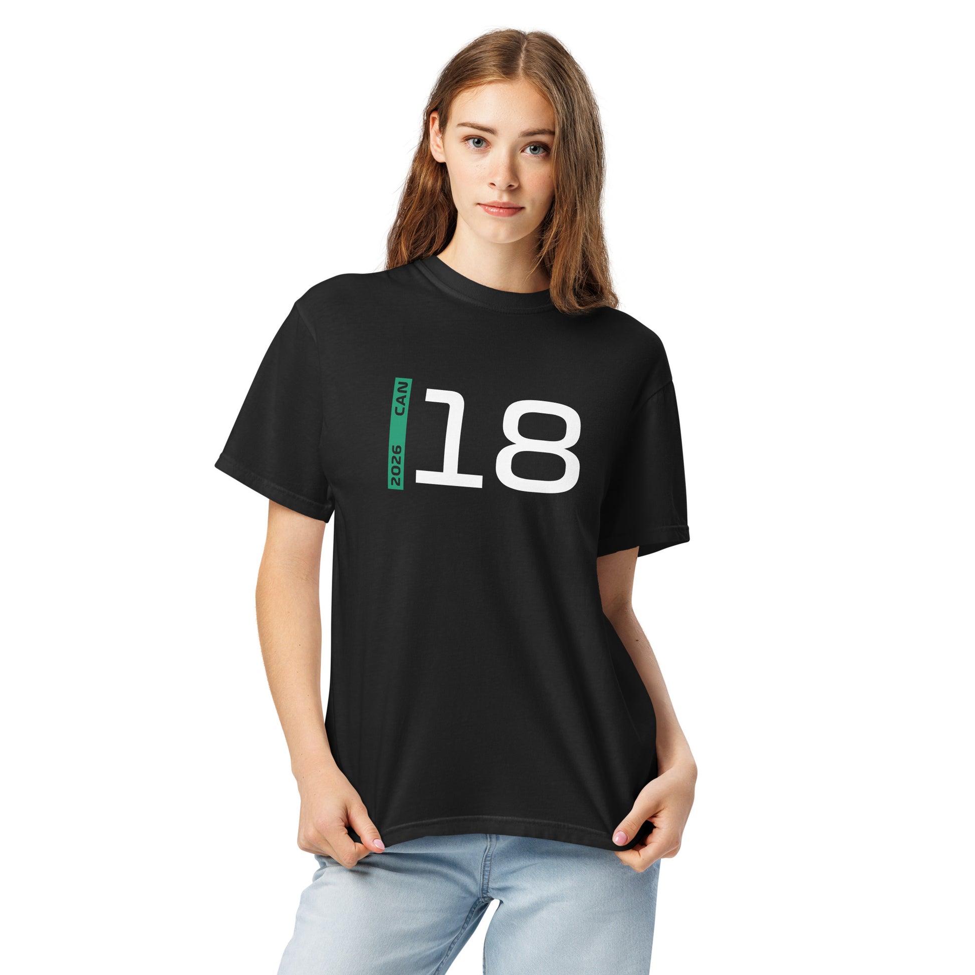 Lance Stroll #18 F1 Driver Unisex T-Shirt in Black - Female Model Front View