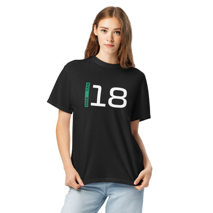 Lance Stroll #18 F1 Driver Unisex T-Shirt in Black - Female Model Front View