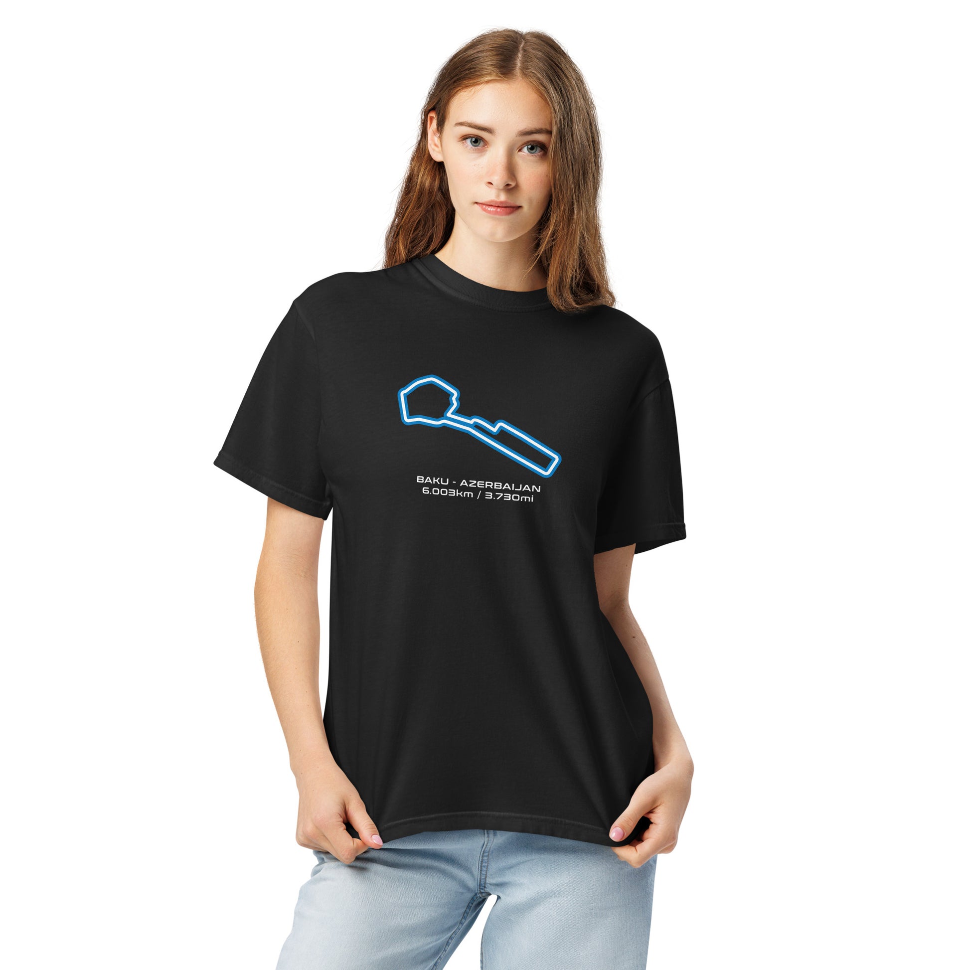 Baku - Azerbaijan - F1 Circuit Unisex T-Shirt in Black - Female Model Front View