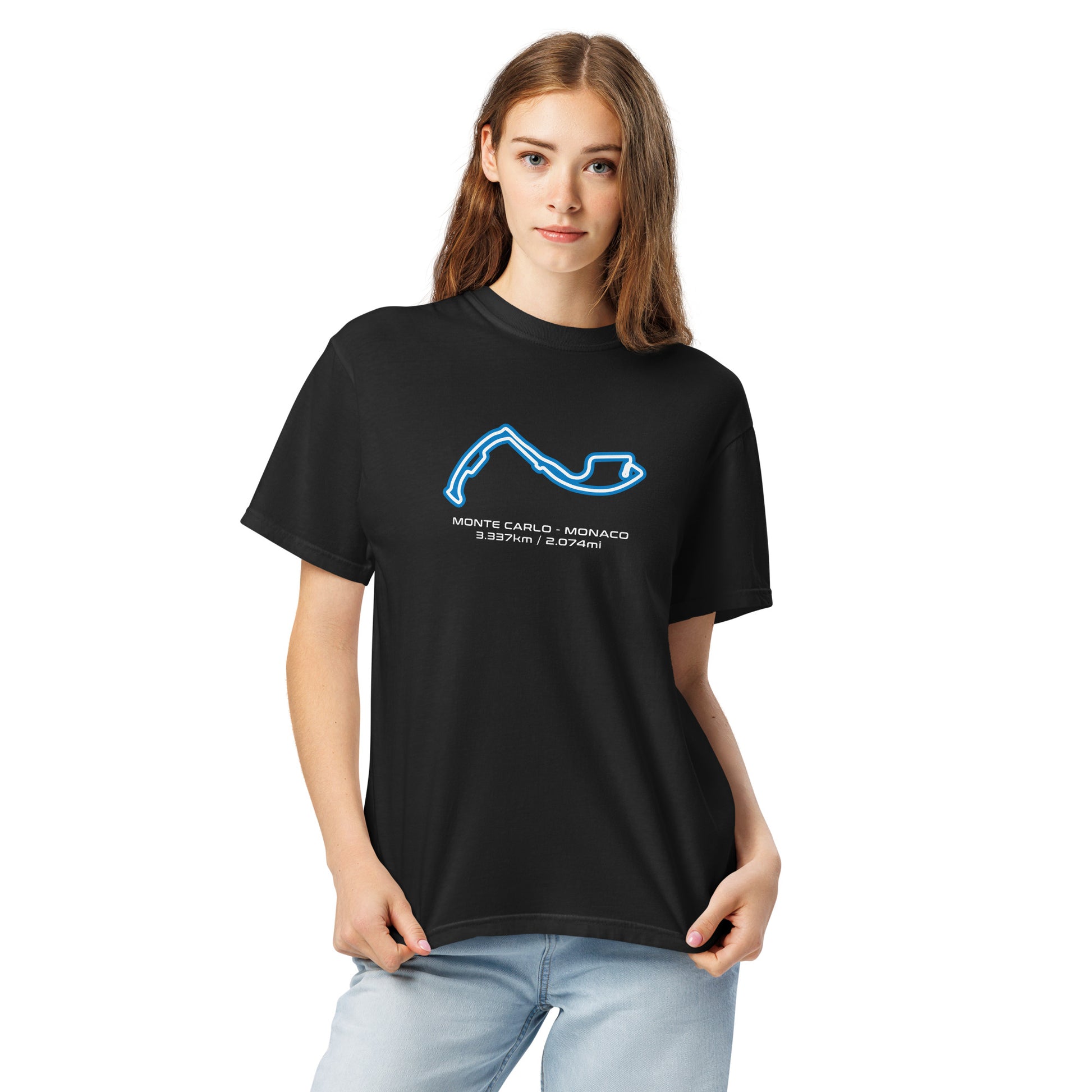 Monte Carlo - Monaco - F1 Circuit Unisex T-Shirt in Black - Female Model Front View