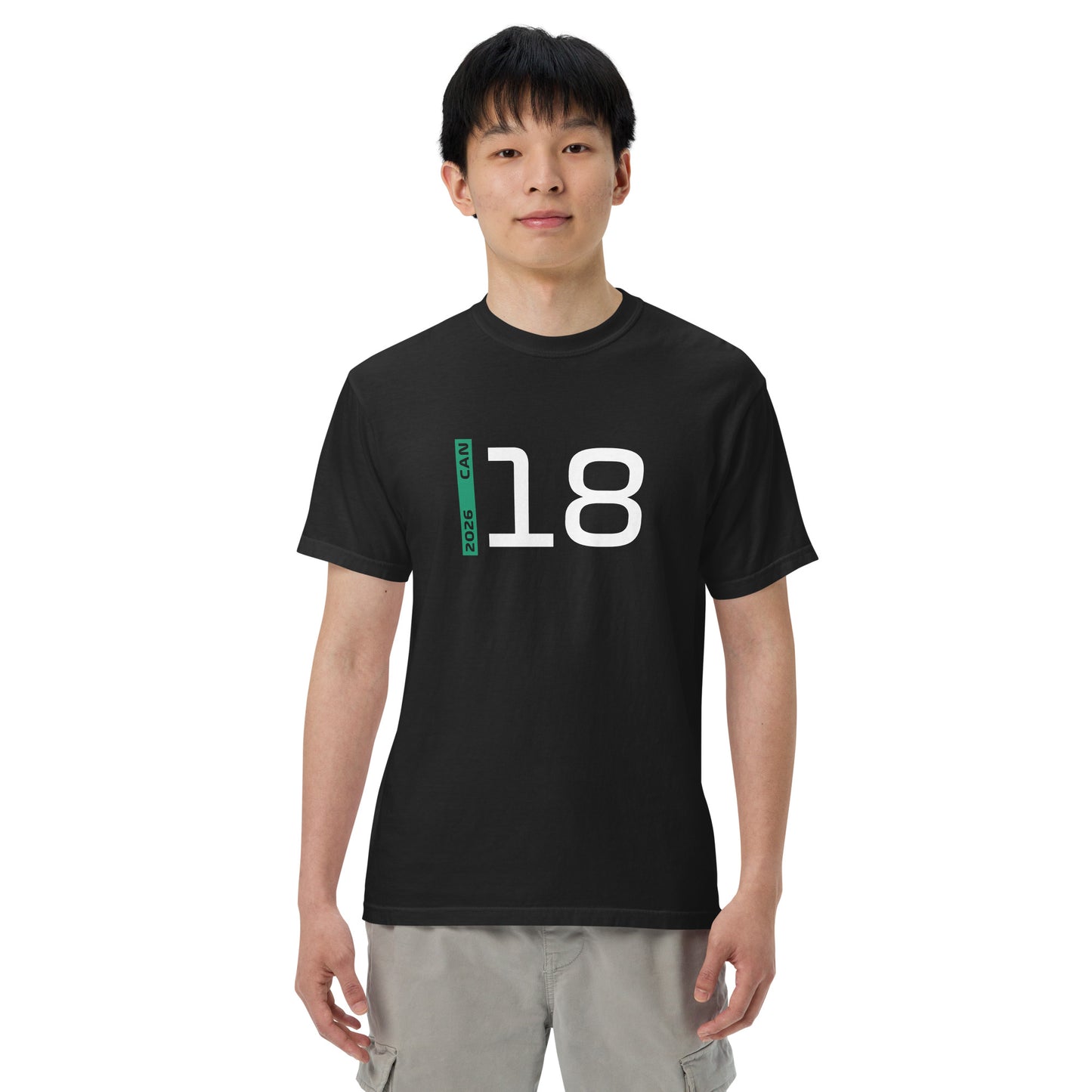 Lance Stroll #18 F1 Driver Unisex T-Shirt in Black - Male Model Front View