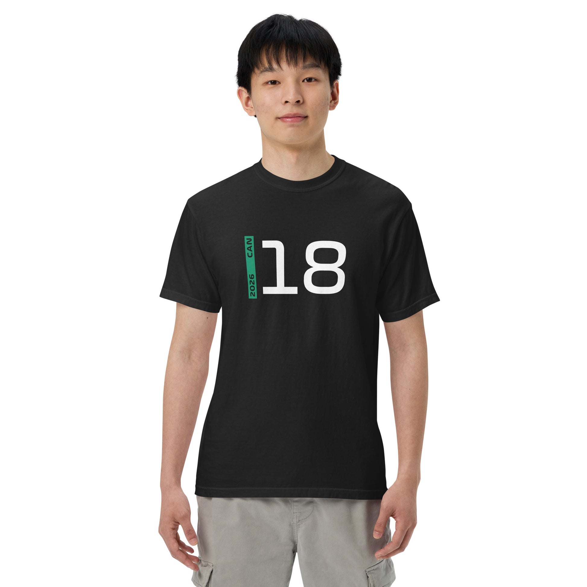 Lance Stroll #18 F1 Driver Unisex T-Shirt in Black - Male Model Front View