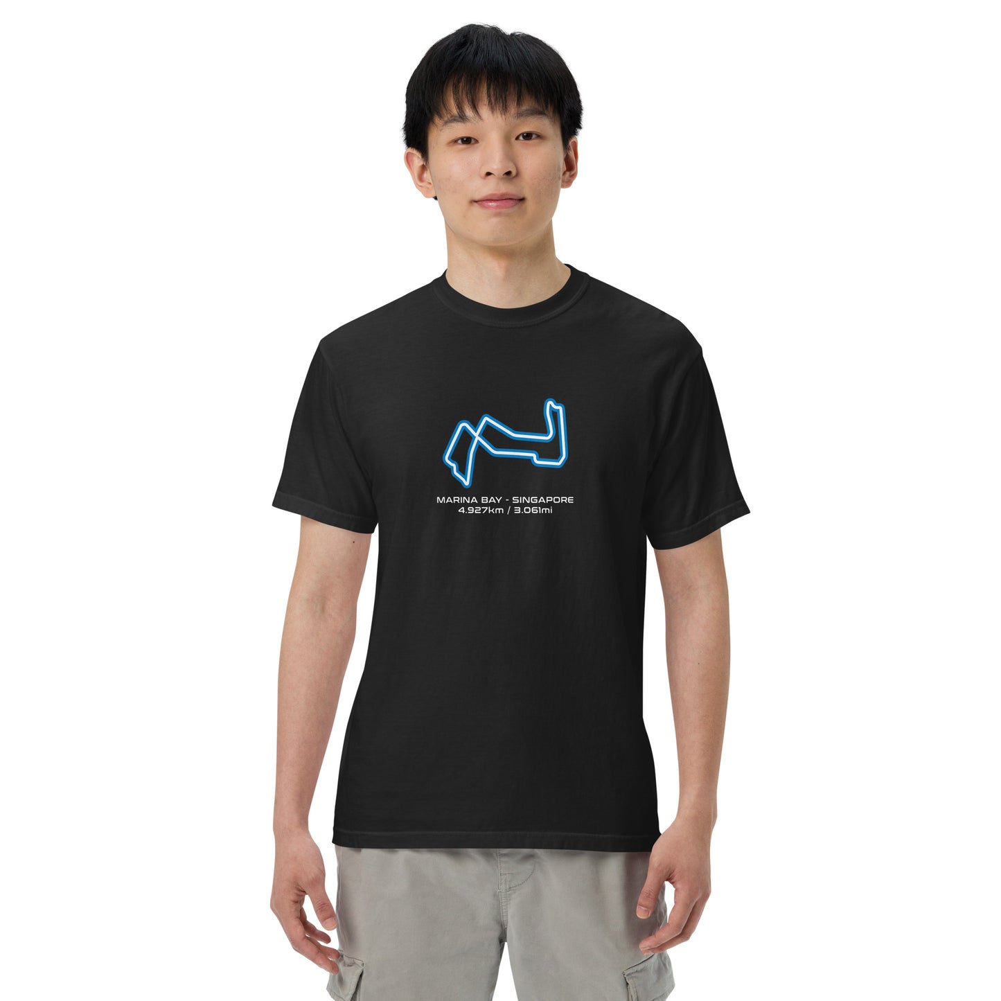 Marina Bay - SIngapore - F1 Circuit Unisex T-Shirt in Black - Male Model Front View