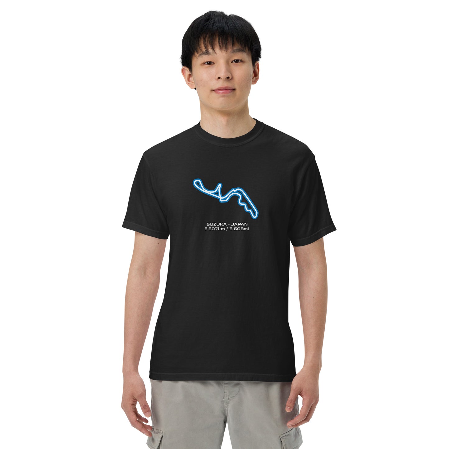 Suzuka - Japan - F1 Circuit Unisex T-Shirt in Black - Male Model Front View