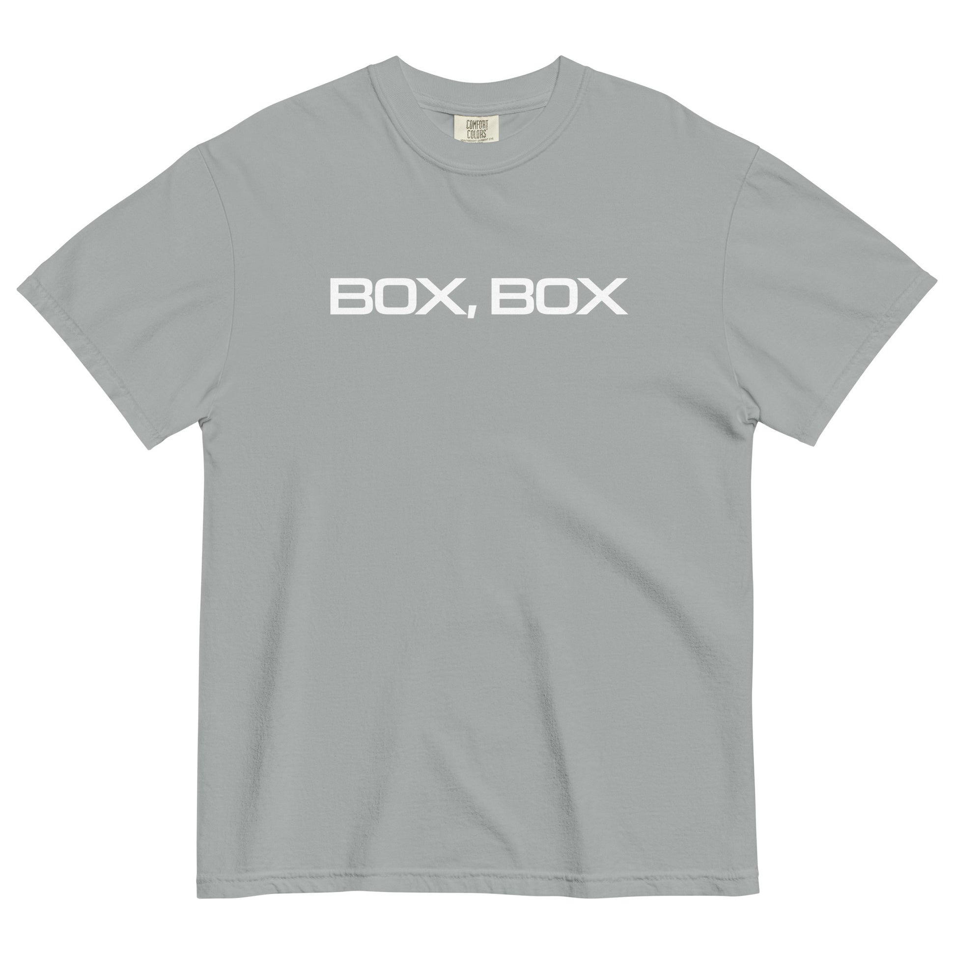 Box Box Text F1 Racing Unisex T-Shirt in Granite Gray