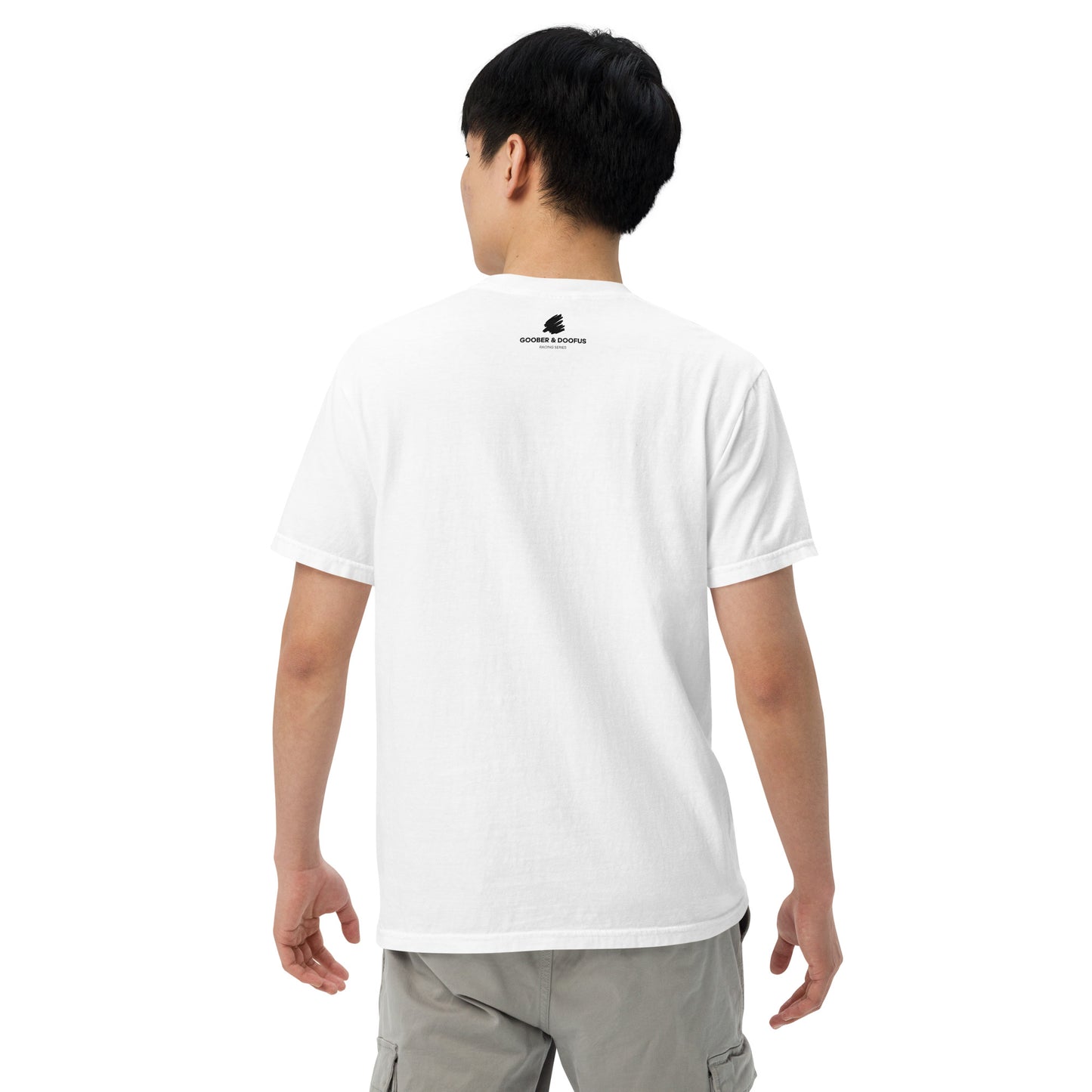 Lance Stroll #18 F1 Driver Unisex T-Shirt in White - Male Model Back View