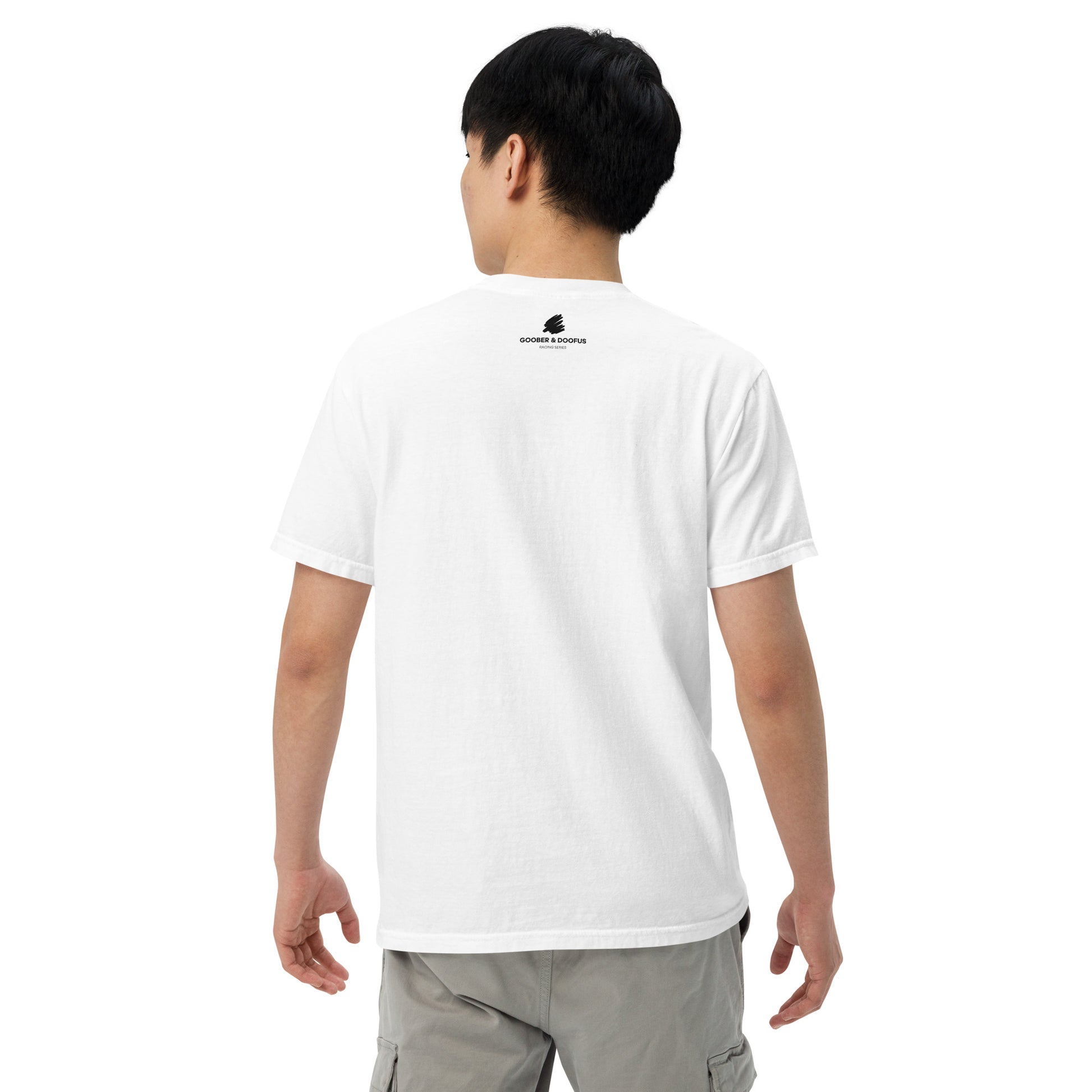 Lance Stroll #18 F1 Driver Unisex T-Shirt in White - Male Model Back View
