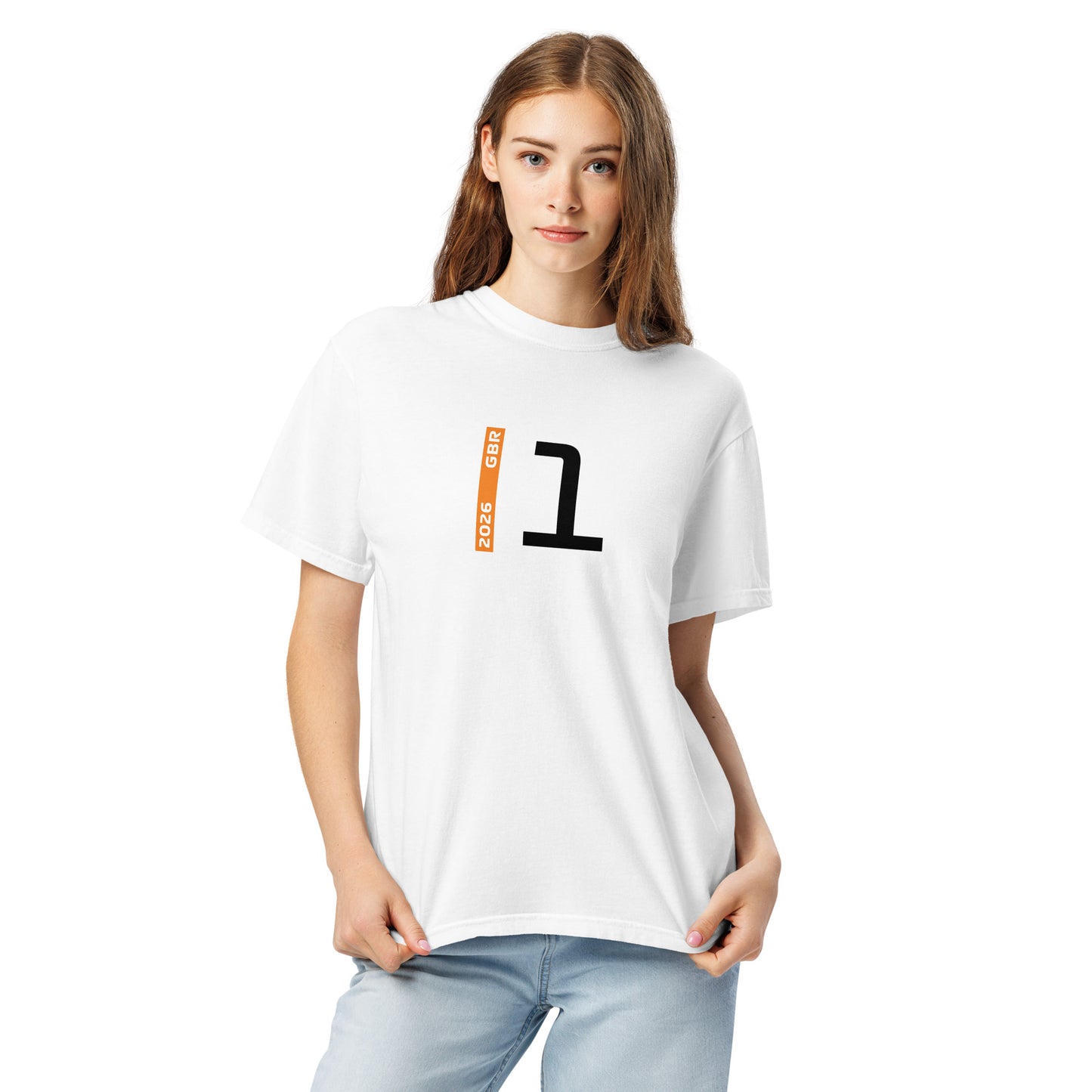 Lando Norris #1 F1 Driver Unisex T-Shirt in White - Female Model Front View