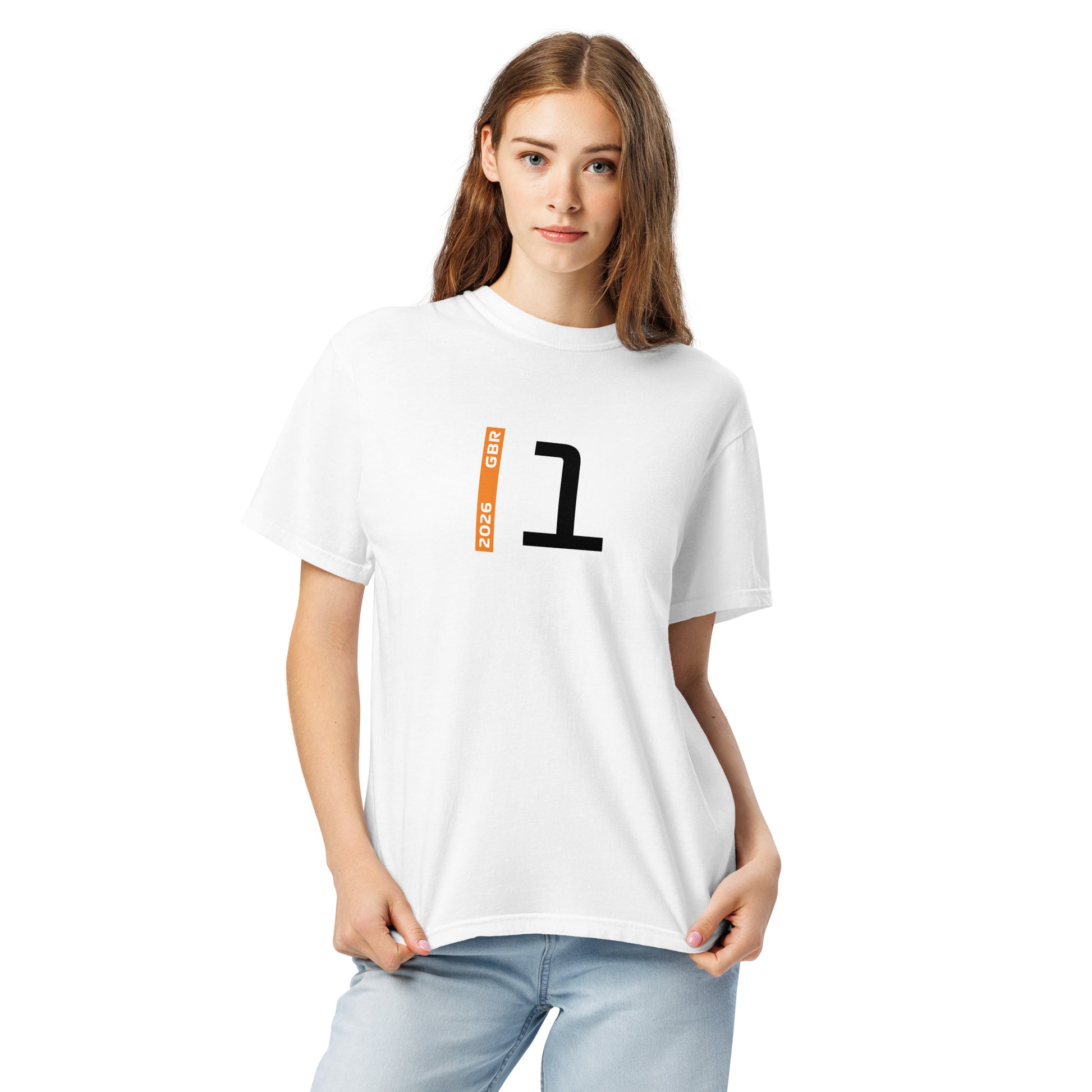 Lando Norris #1 F1 Driver Unisex T-Shirt in White - Female Model Front View