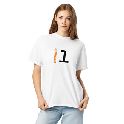 Lando Norris #1 F1 Driver Unisex T-Shirt in White - Female Model Front View