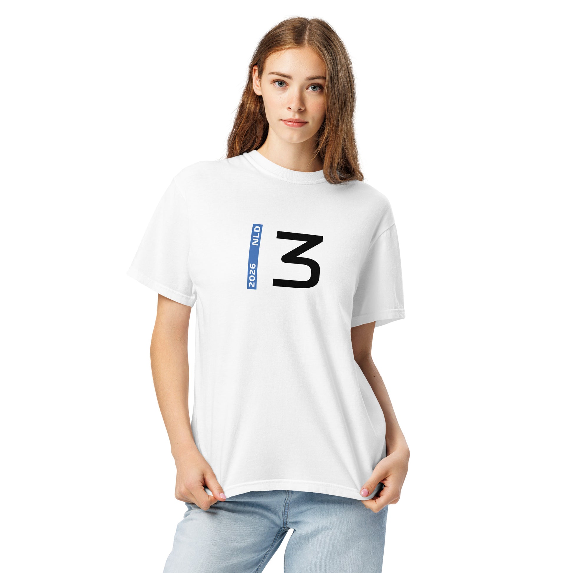 Max Verstappen #3 F1 Driver Unisex T-Shirt in White - Female Model Front View