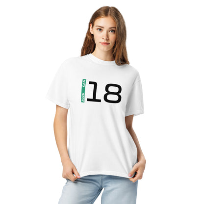 Lance Stroll #18 F1 Driver Unisex T-Shirt in White - Female Model Front View