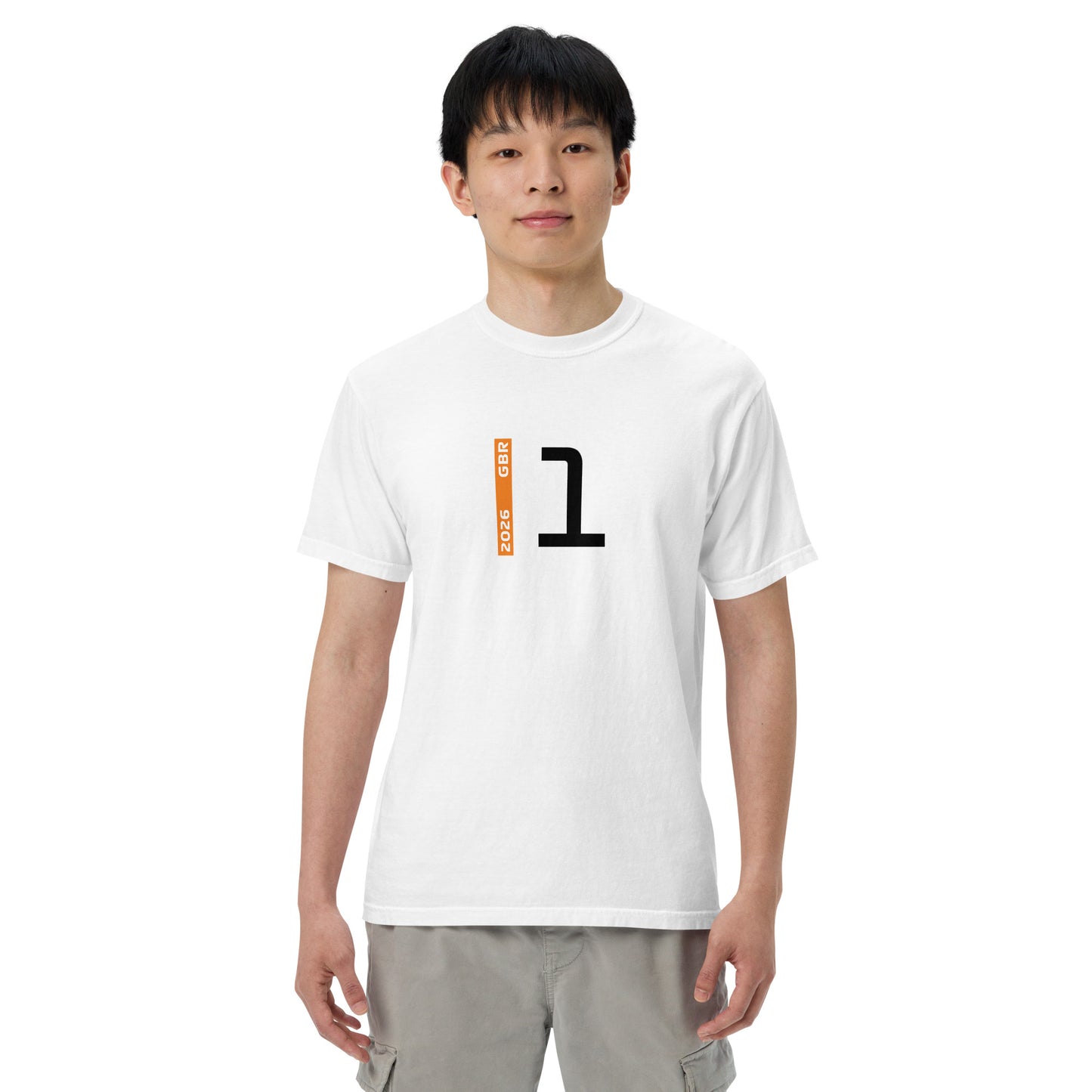 Lando Norris #1 F1 Driver Unisex T-Shirt in White - Male Model Front View