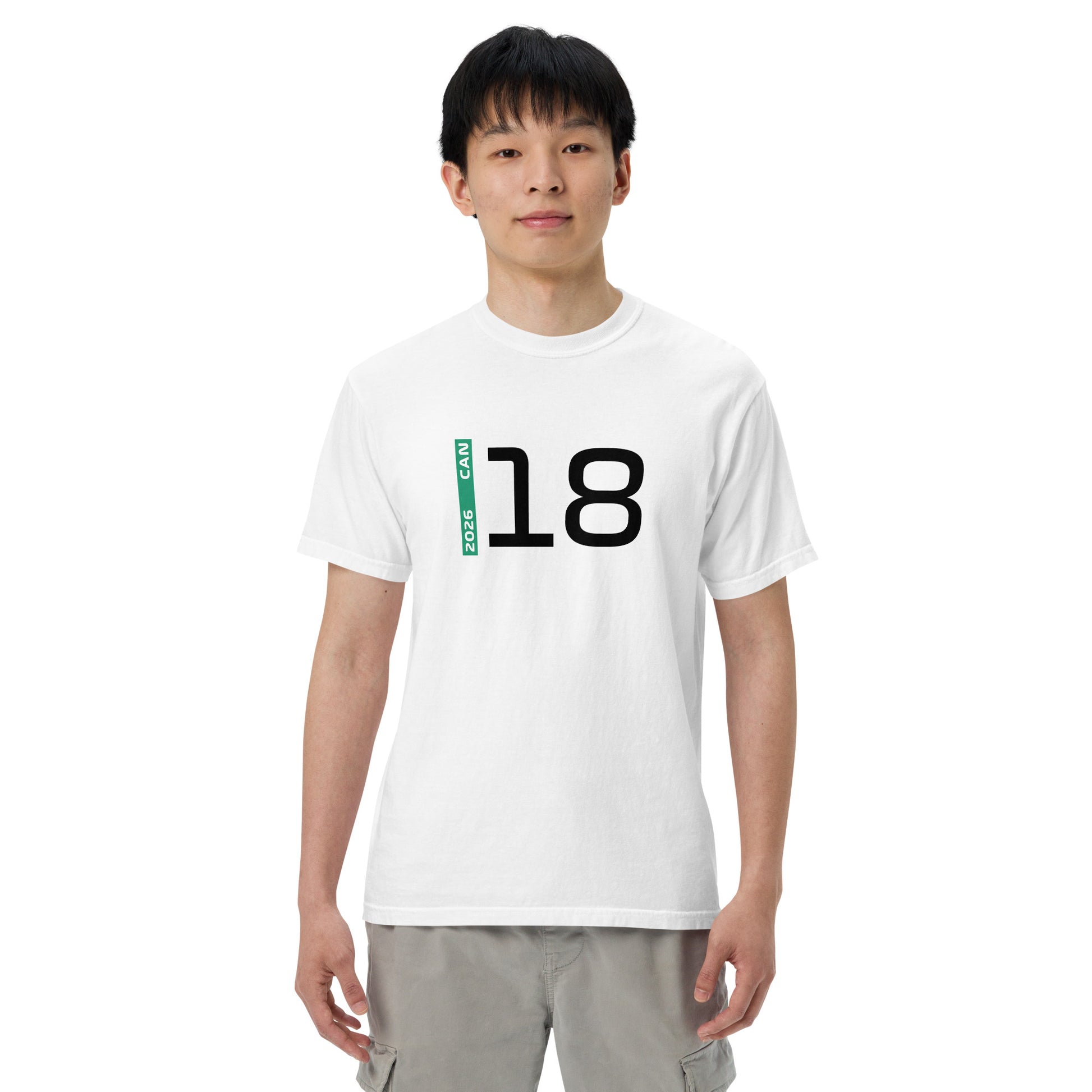 Lance Stroll #18 F1 Driver Unisex T-Shirt in White - Male Model Front View