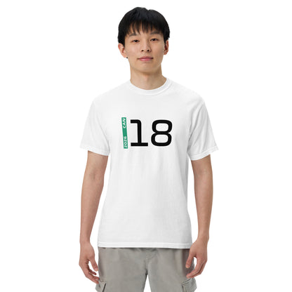 Lance Stroll #18 F1 Driver Unisex T-Shirt in White - Male Model Front View