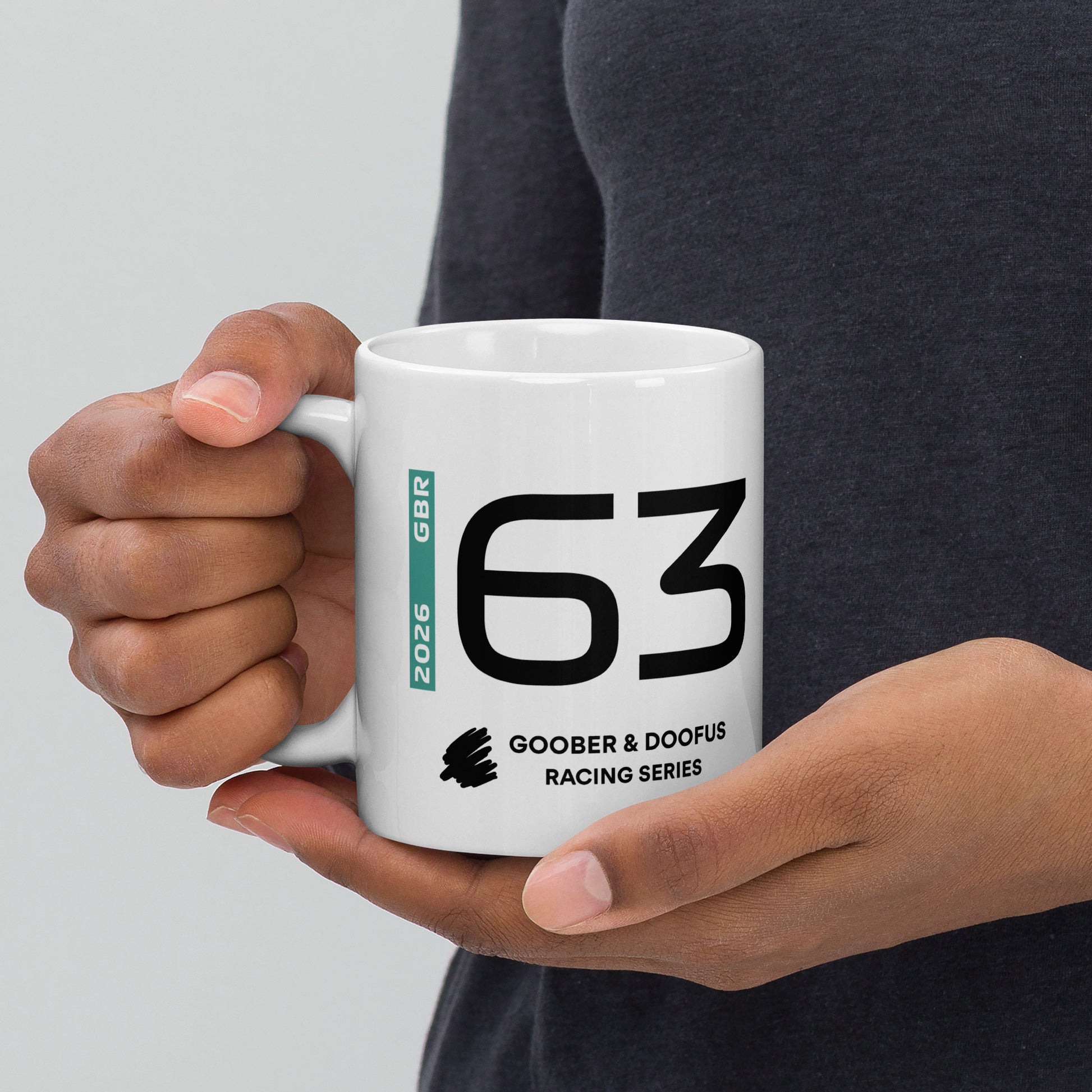 George Russell #63 F1 Driver White Mug (11oz) - Held In Hand