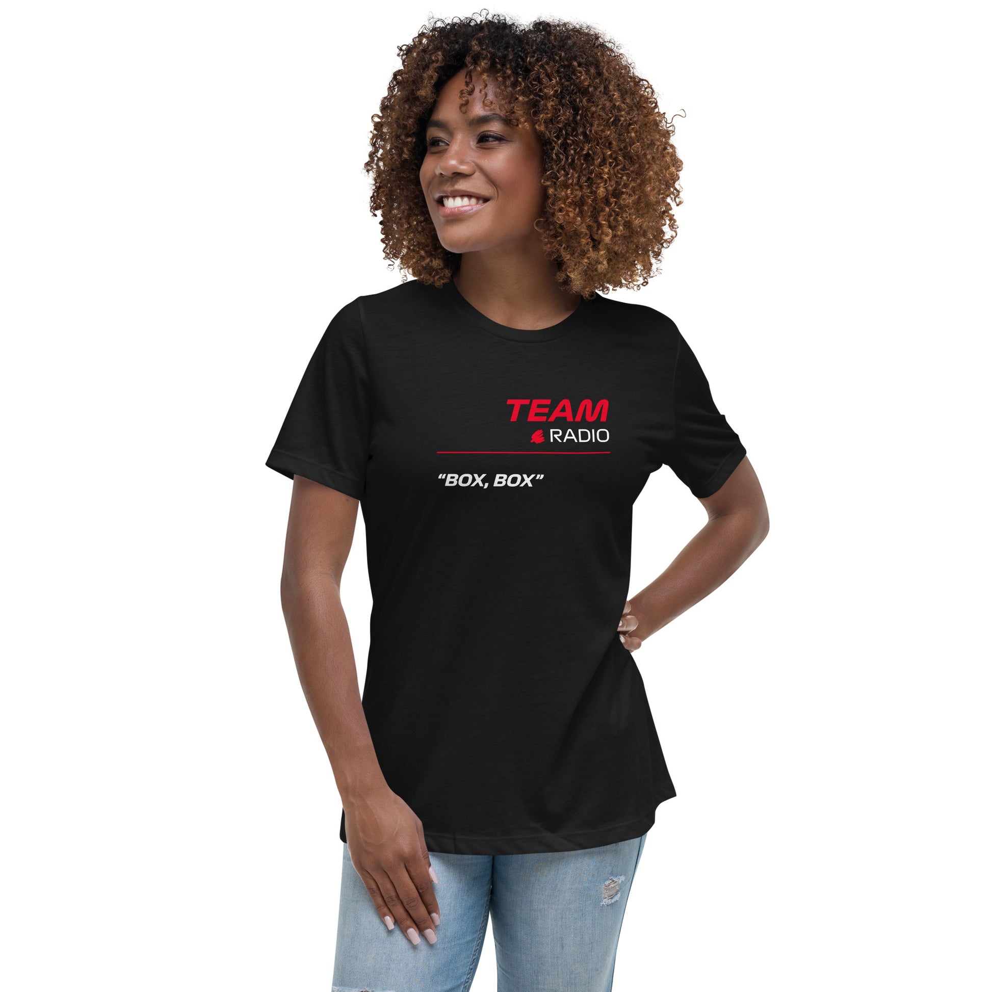 Box Box F1 Ferarri Team Radio Women's Relaxed T-Shirt in Black