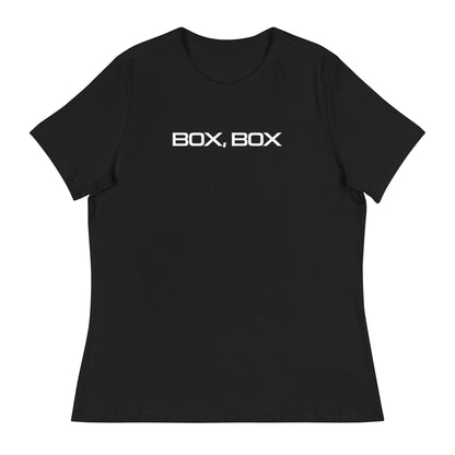 Box Box Text F1 Racing Women's Relaxed T-Shirt in Black
