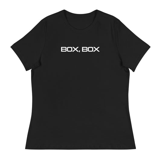 Box Box Text F1 Racing Women's Relaxed T-Shirt in Black