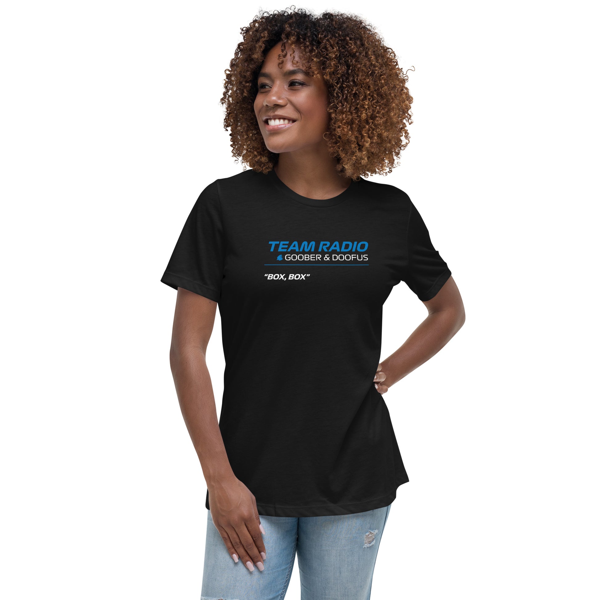 Box Box F1 Goober & Doofus Team Radio Women's Relaxed T-Shirt in Black