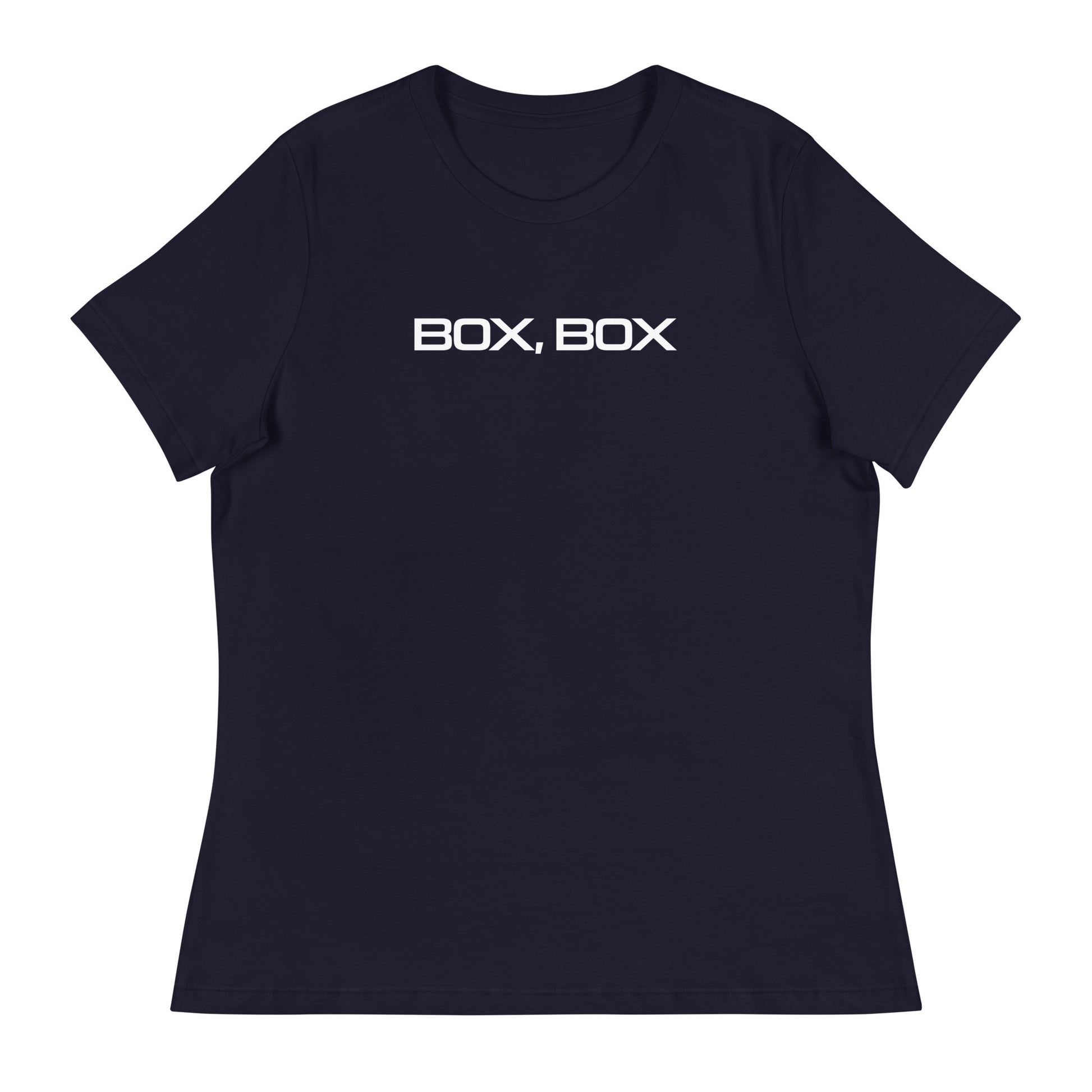 Box Box Text F1 Racing Women's Relaxed T-Shirt in Navy Blue