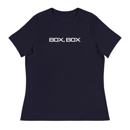 Box Box Text F1 Racing Women's Relaxed T-Shirt in Navy Blue
