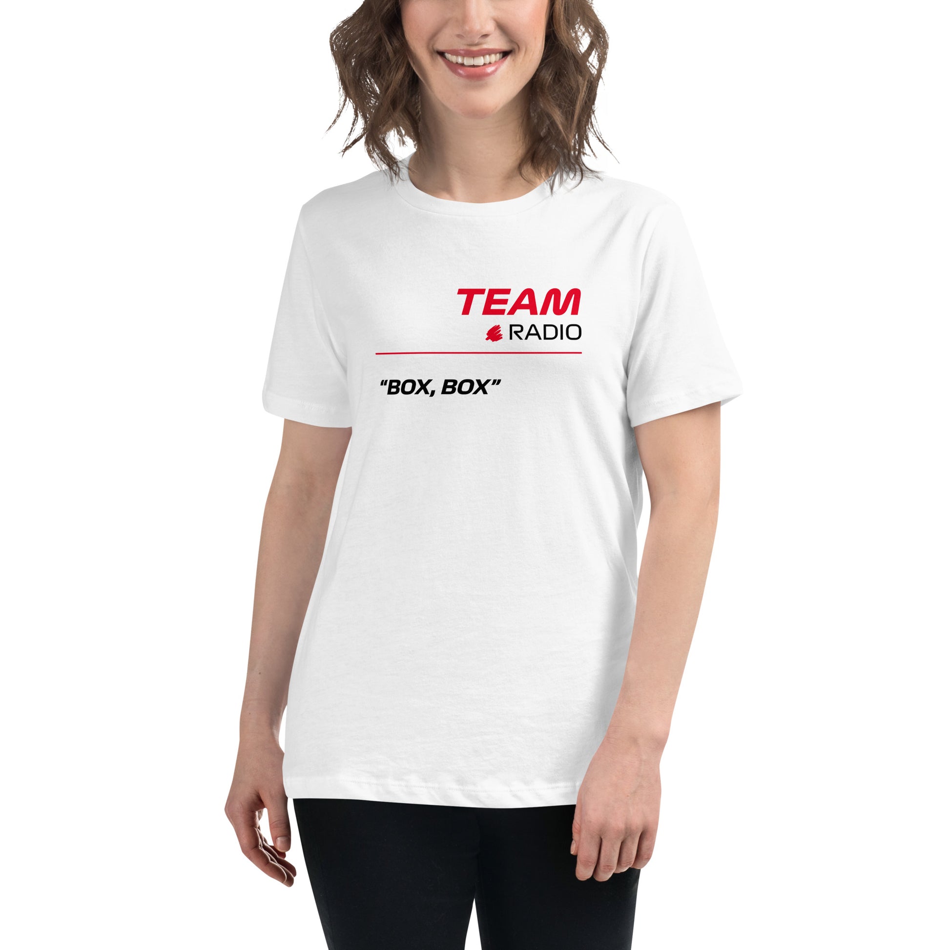 Box Box F1 Ferarri Team Radio Women's Relaxed T-Shirt in White
