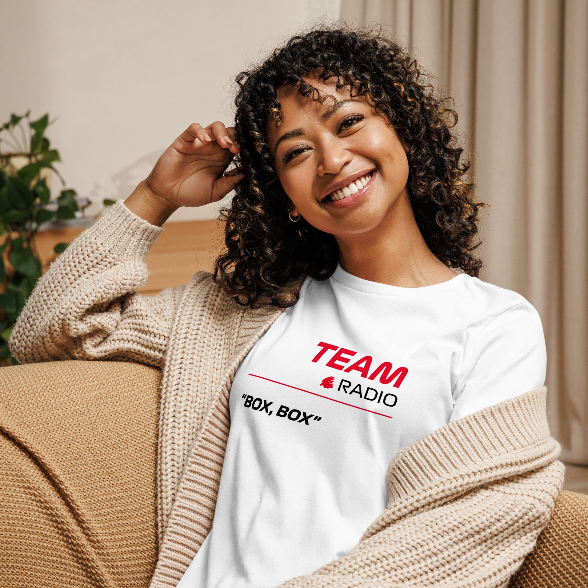Box Box F1 Ferarri Team Radio Women's Relaxed T-Shirt in White