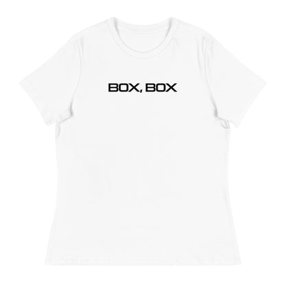 Box Box Text F1 Racing Women's Relaxed T-Shirt in White