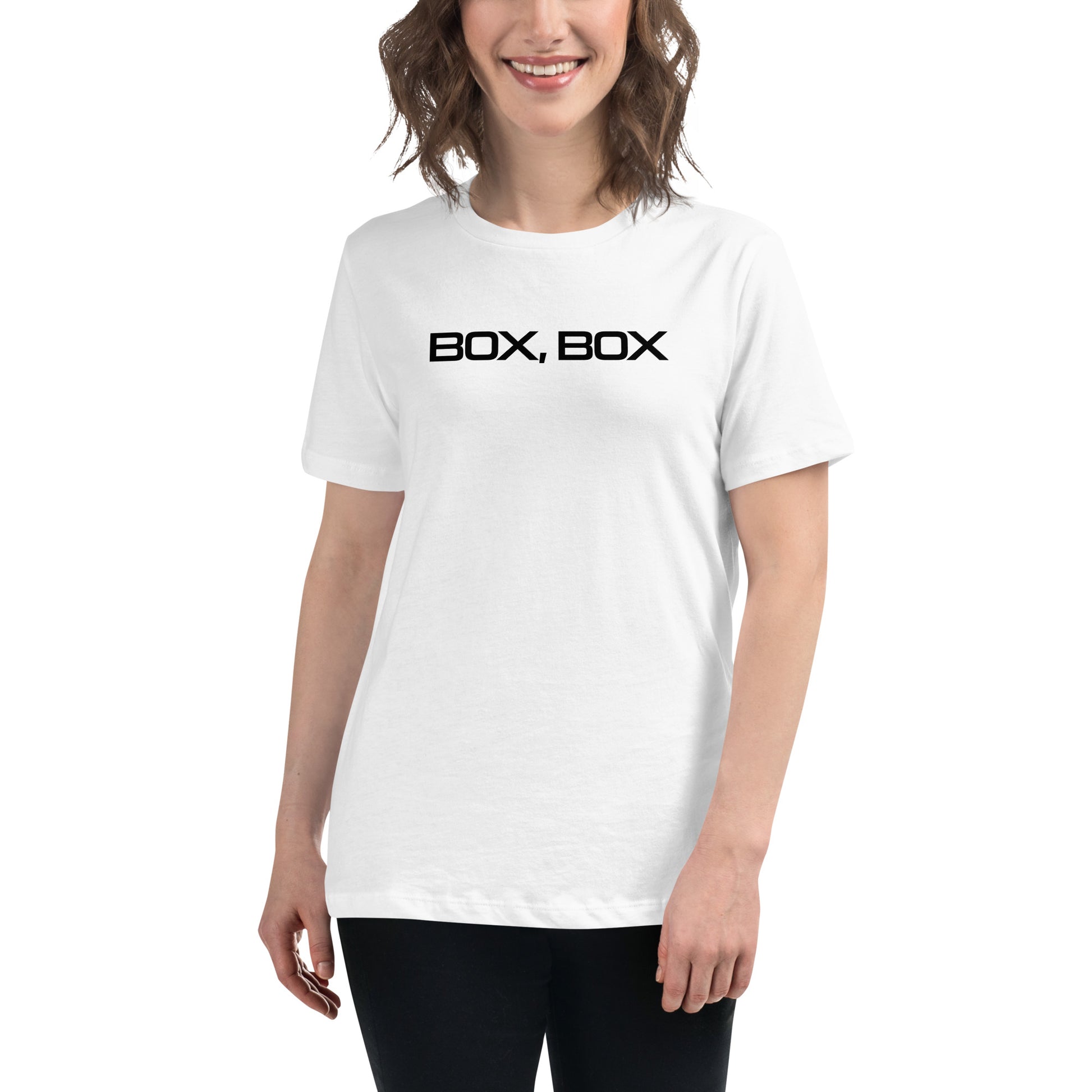 Box Box Text F1 Racing Women's Relaxed T-Shirt in White
