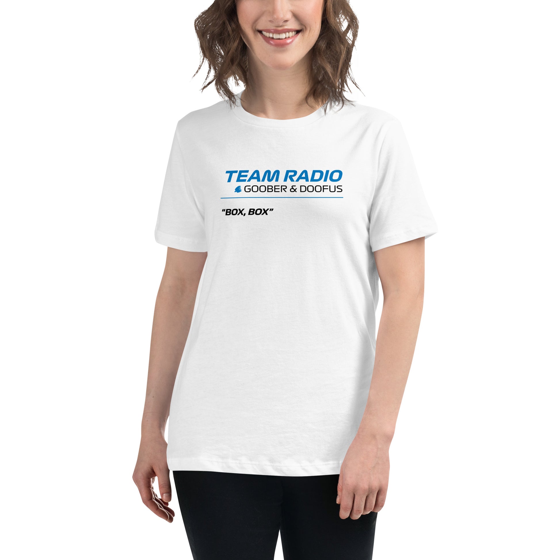 Box Box F1 Goober & Doofus Team Radio Women's Relaxed T-Shirt in White